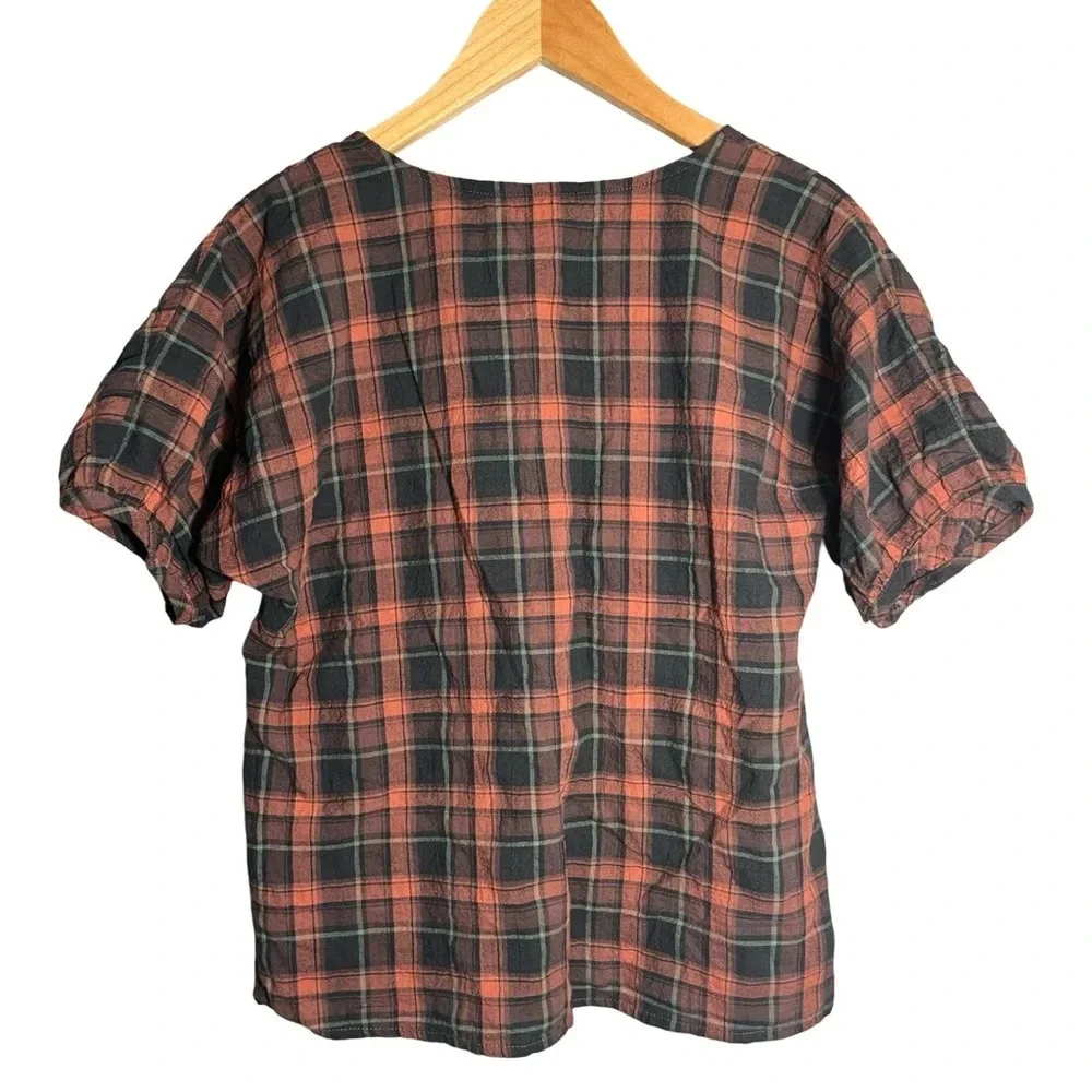 Madewell Gathered V-Neck Top in Fuller Plaid Warm Umber